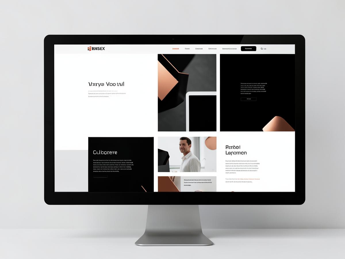 Design concept of a modern business landing page shown on a widescreen monitor